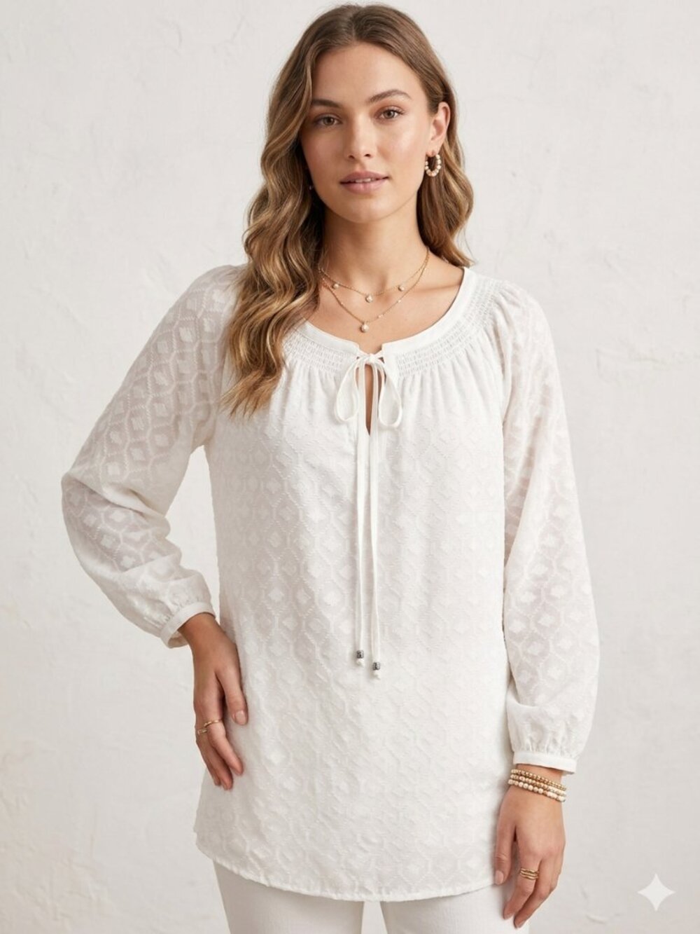 Daniel Rainn White Long Sleeve Peasant Blouse ft. Geometric Pattern sz. M